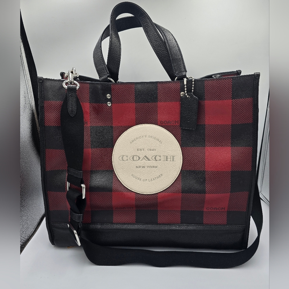 COACH C1549 Dempsey Tote 2way Shoulder Bag in Red Black Buffalo Plaid Print